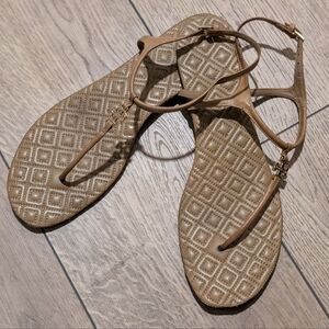 Tory Burch Women's 10.5 Tan Leather T Strap Logo Thong Sandals Shoes